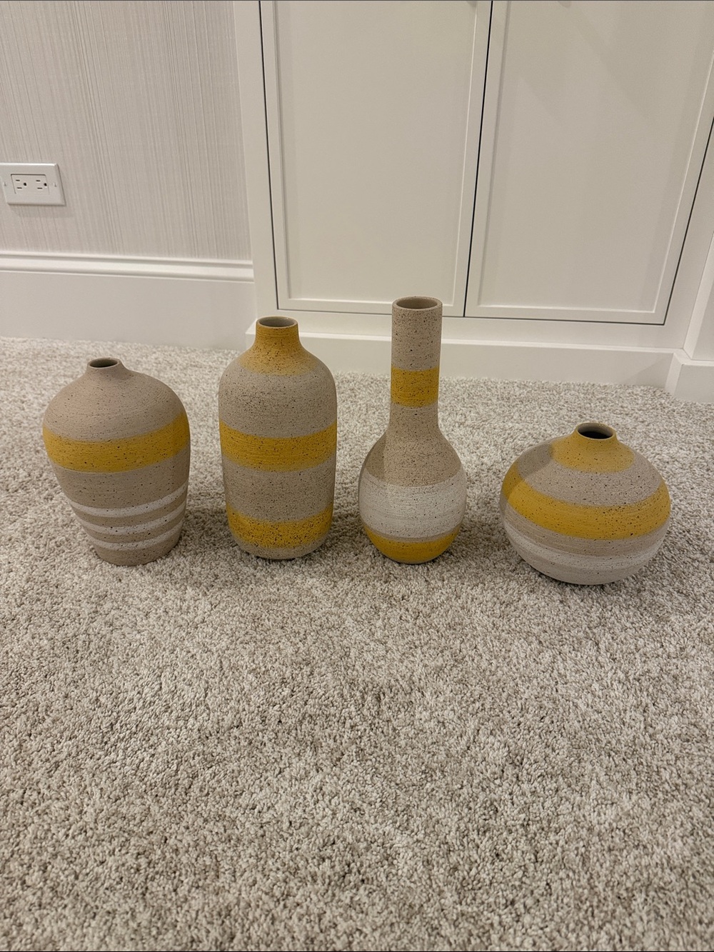 West Elm striped vases - yellow/white. Natural base. Like new!
